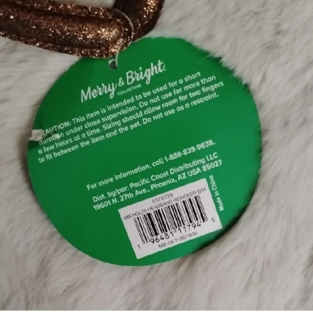 NWT Merry & Bright Brown Glitter Reindeer Antlers Headband For Pets Size L/XL